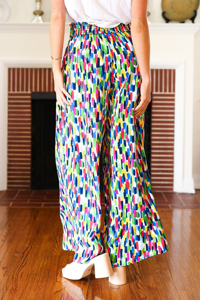 Stand Out Navy & Green Abstract Print Smocked Waist Palazzo Pants-Timber Brooke Boutique, Online Women's Fashion Boutique in Amarillo, Texas