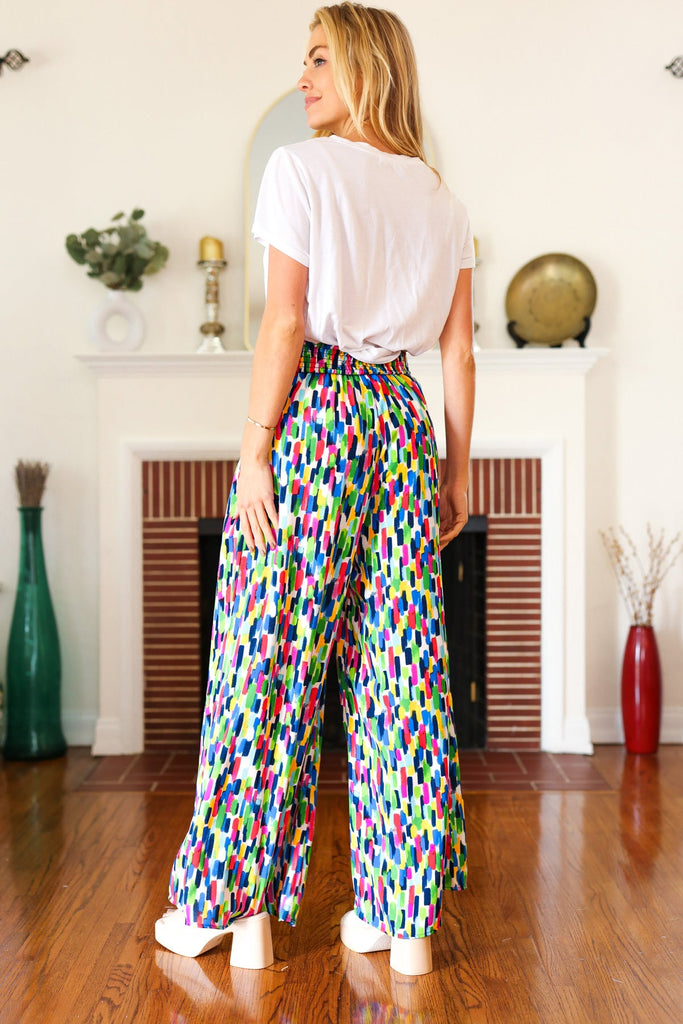 Stand Out Navy & Green Abstract Print Smocked Waist Palazzo Pants-Timber Brooke Boutique, Online Women's Fashion Boutique in Amarillo, Texas