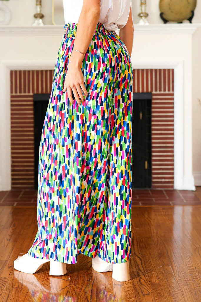 Stand Out Navy & Green Abstract Print Smocked Waist Palazzo Pants-Timber Brooke Boutique, Online Women's Fashion Boutique in Amarillo, Texas