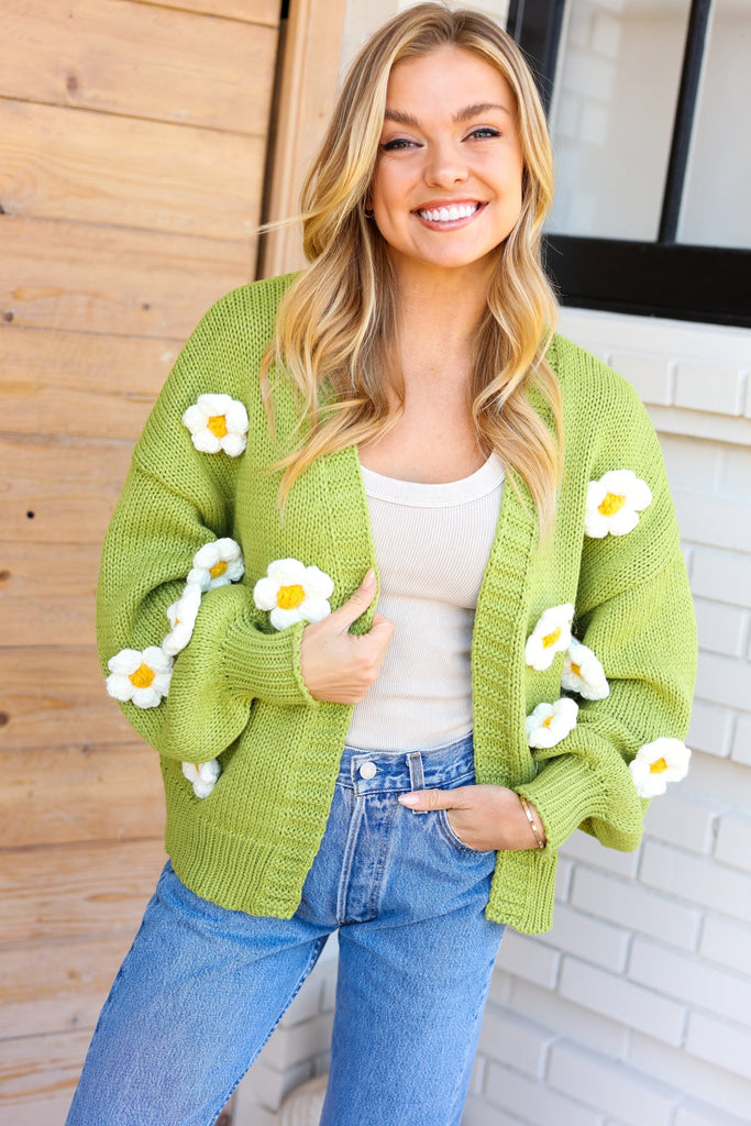 Fell In Love Lime Daisy Crochet Balloon Sleeve Chunky Cardigan-Timber Brooke Boutique, Online Women's Fashion Boutique in Amarillo, Texas