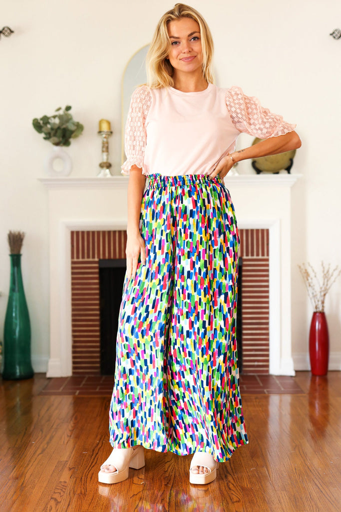 Stand Out Navy & Green Abstract Print Smocked Waist Palazzo Pants-Timber Brooke Boutique, Online Women's Fashion Boutique in Amarillo, Texas