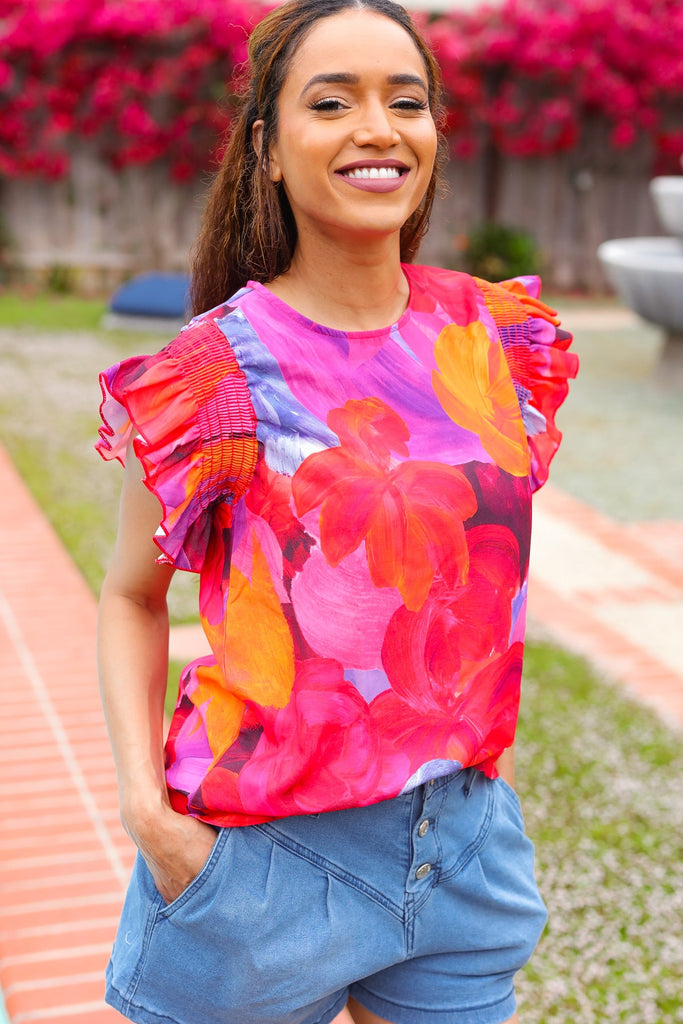 Look of Love Red & Fuchsia Floral Smocked Ruffle Frill Sleeve Top-Timber Brooke Boutique, Online Women's Fashion Boutique in Amarillo, Texas