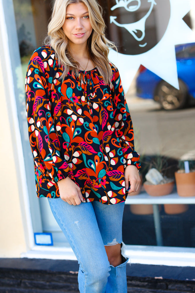 Magenta & Rust Boho Floral Bubble Sleeve Top-Timber Brooke Boutique, Online Women's Fashion Boutique in Amarillo, Texas