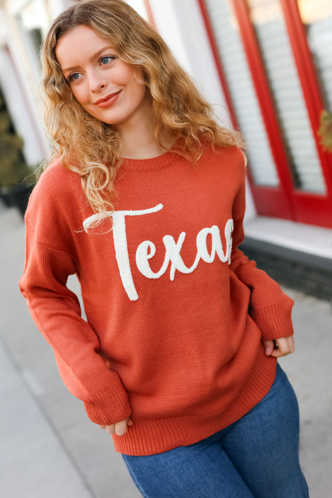 Game Day Burnt Orange "Texas" Embroidery Pop Up Sweater-Timber Brooke Boutique, Online Women's Fashion Boutique in Amarillo, Texas