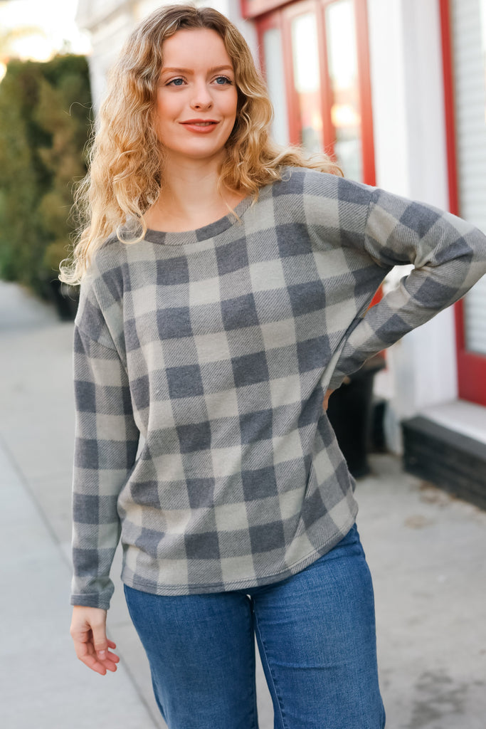 Check It Out Olive Grey Checker Plaid Hacci Pullover-Timber Brooke Boutique, Online Women's Fashion Boutique in Amarillo, Texas