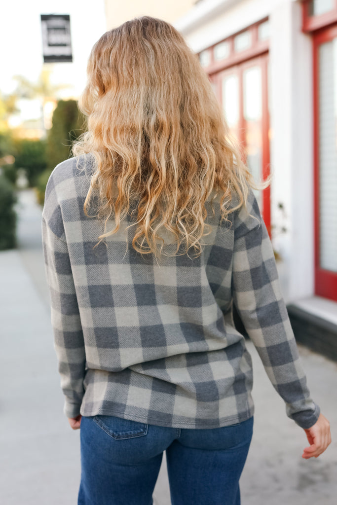 Check It Out Olive Grey Checker Plaid Hacci Pullover-Timber Brooke Boutique, Online Women's Fashion Boutique in Amarillo, Texas