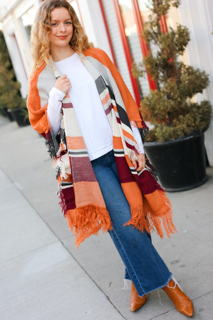 Feeling Special Grey & Rust Striped Tassel Fringe Open Poncho-Timber Brooke Boutique, Online Women's Fashion Boutique in Amarillo, Texas