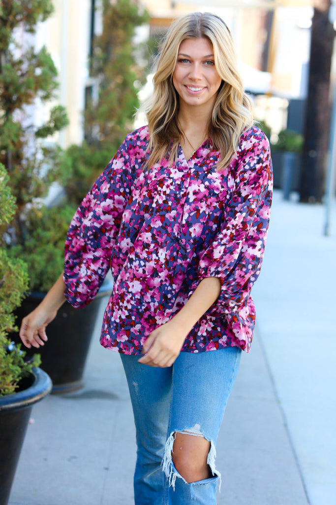 Purple Floral Print V Neck Woven Top-Timber Brooke Boutique, Online Women's Fashion Boutique in Amarillo, Texas