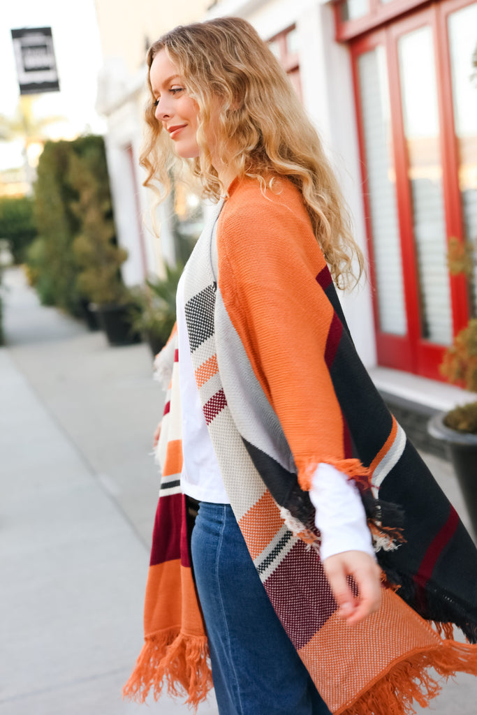 Feeling Special Grey & Rust Striped Tassel Fringe Open Poncho-Timber Brooke Boutique, Online Women's Fashion Boutique in Amarillo, Texas
