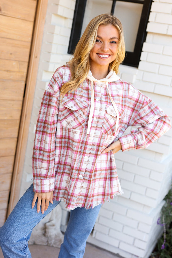 Make Your Day Pink Plaid Frayed Hoodie Jacket-Timber Brooke Boutique, Online Women's Fashion Boutique in Amarillo, Texas