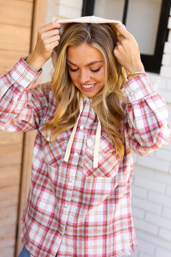 Make Your Day Pink Plaid Frayed Hoodie Jacket-Timber Brooke Boutique, Online Women's Fashion Boutique in Amarillo, Texas