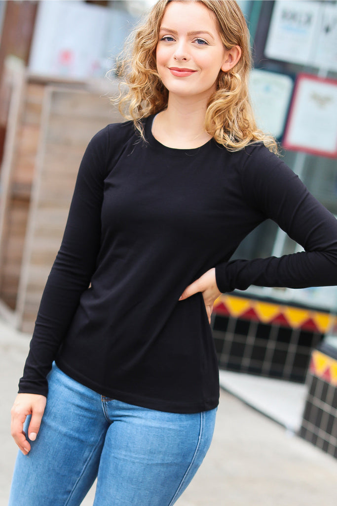 Simple Solutions Black Cotton Crew Neck Long Sleeve T-Shirt-Long Sleeve Tops-Timber Brooke Boutique, Online Women's Fashion Boutique in Amarillo, Texas