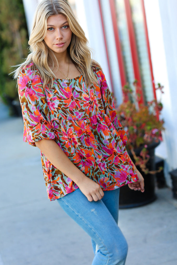 Sage Floral Chiffon Three Quarter Sleeve Peplum Top-Timber Brooke Boutique, Online Women's Fashion Boutique in Amarillo, Texas