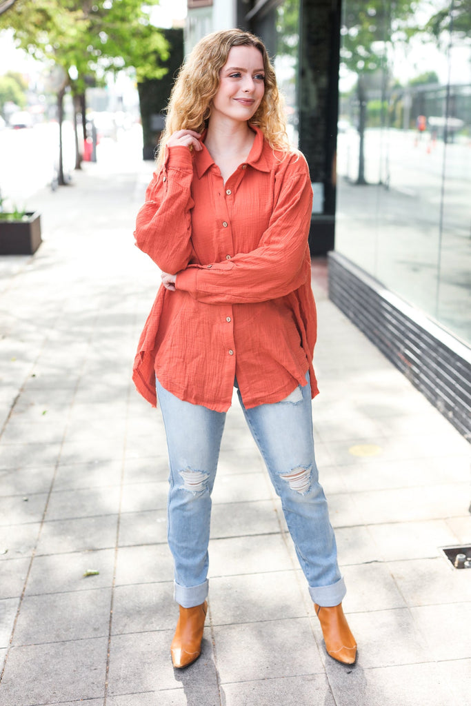 Everyday Rust Button Down Sharkbite Cotton Tunic Top-Timber Brooke Boutique, Online Women's Fashion Boutique in Amarillo, Texas