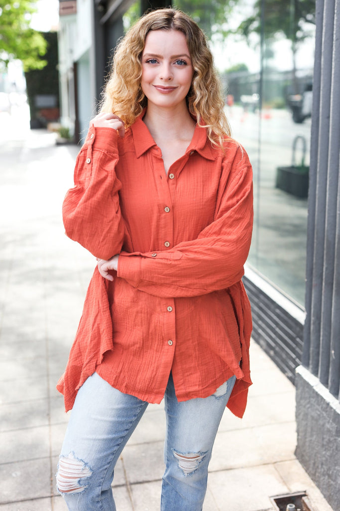 Everyday Rust Button Down Sharkbite Cotton Tunic Top-Timber Brooke Boutique, Online Women's Fashion Boutique in Amarillo, Texas