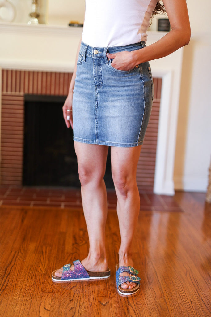 Judy Blue Medium Wash High Rise Tummy Control Denim Skirt-Timber Brooke Boutique, Online Women's Fashion Boutique in Amarillo, Texas