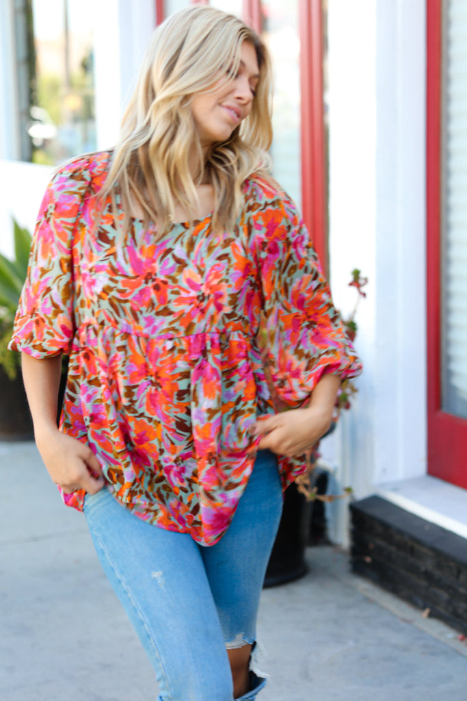 Sage Floral Chiffon Three Quarter Sleeve Peplum Top-Timber Brooke Boutique, Online Women's Fashion Boutique in Amarillo, Texas