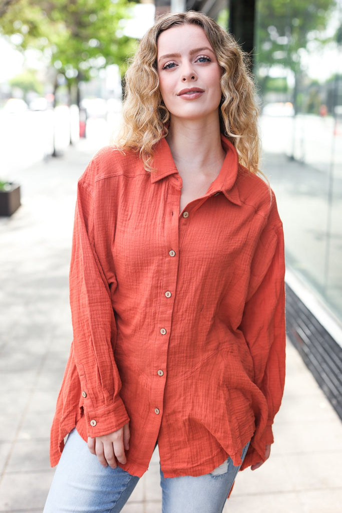 Everyday Rust Button Down Sharkbite Cotton Tunic Top-Timber Brooke Boutique, Online Women's Fashion Boutique in Amarillo, Texas