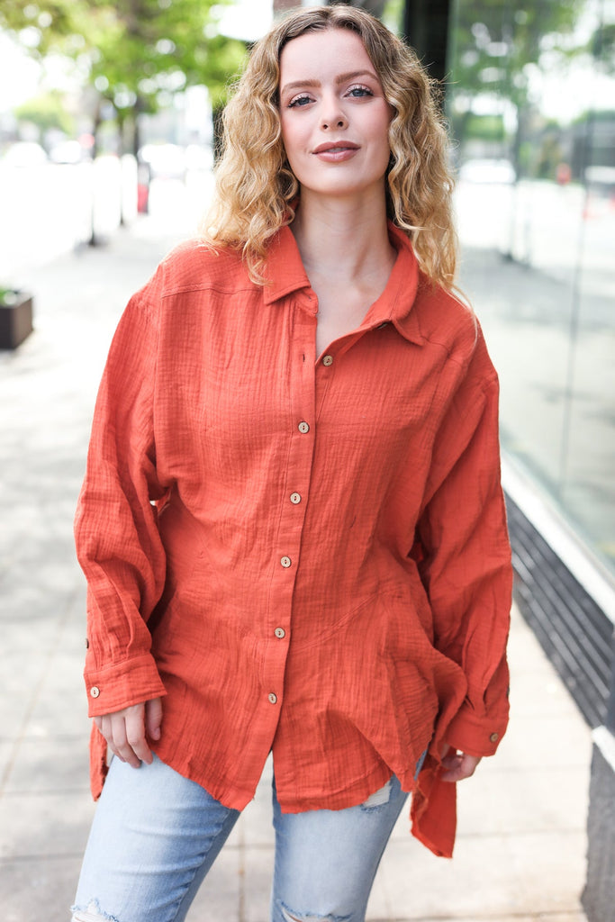 Everyday Rust Button Down Sharkbite Cotton Tunic Top-Timber Brooke Boutique, Online Women's Fashion Boutique in Amarillo, Texas