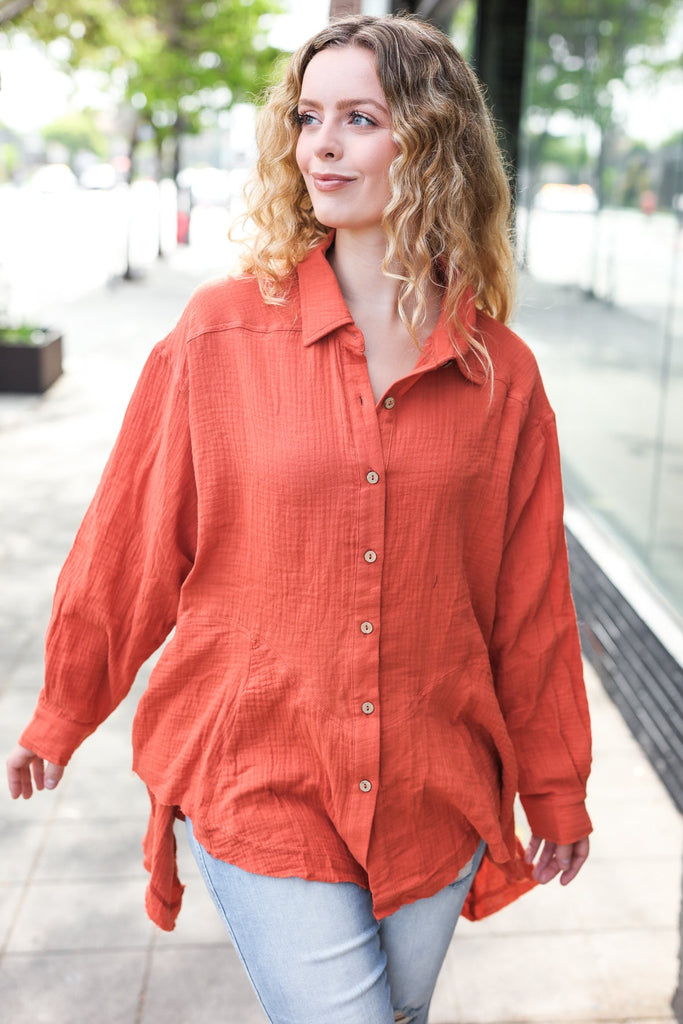 Everyday Rust Button Down Sharkbite Cotton Tunic Top-Timber Brooke Boutique, Online Women's Fashion Boutique in Amarillo, Texas