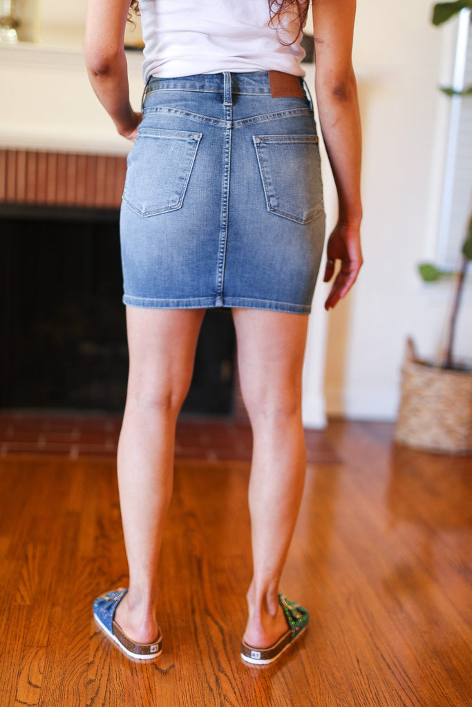 Judy Blue Medium Wash High Rise Tummy Control Denim Skirt-Timber Brooke Boutique, Online Women's Fashion Boutique in Amarillo, Texas