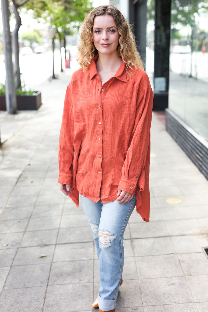 Everyday Rust Button Down Sharkbite Cotton Tunic Top-Timber Brooke Boutique, Online Women's Fashion Boutique in Amarillo, Texas