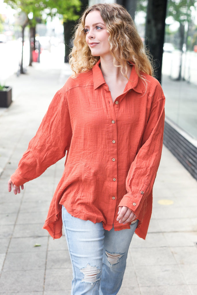 Everyday Rust Button Down Sharkbite Cotton Tunic Top-Timber Brooke Boutique, Online Women's Fashion Boutique in Amarillo, Texas