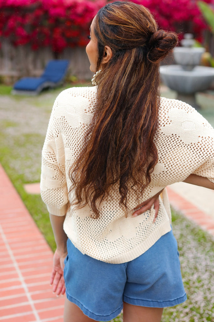 Feel Charming Oatmeal Floral Netted Crochet 3/4 Sleeve Sweater Top-Timber Brooke Boutique, Online Women's Fashion Boutique in Amarillo, Texas