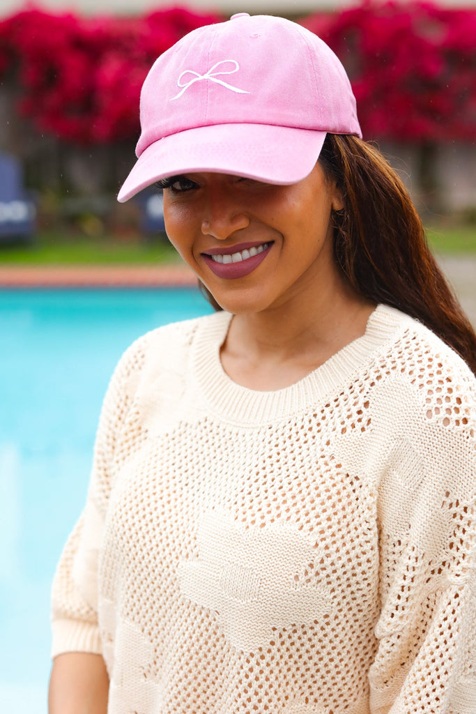 Pink Embroidered Bow Baseball Cap-Timber Brooke Boutique, Online Women's Fashion Boutique in Amarillo, Texas