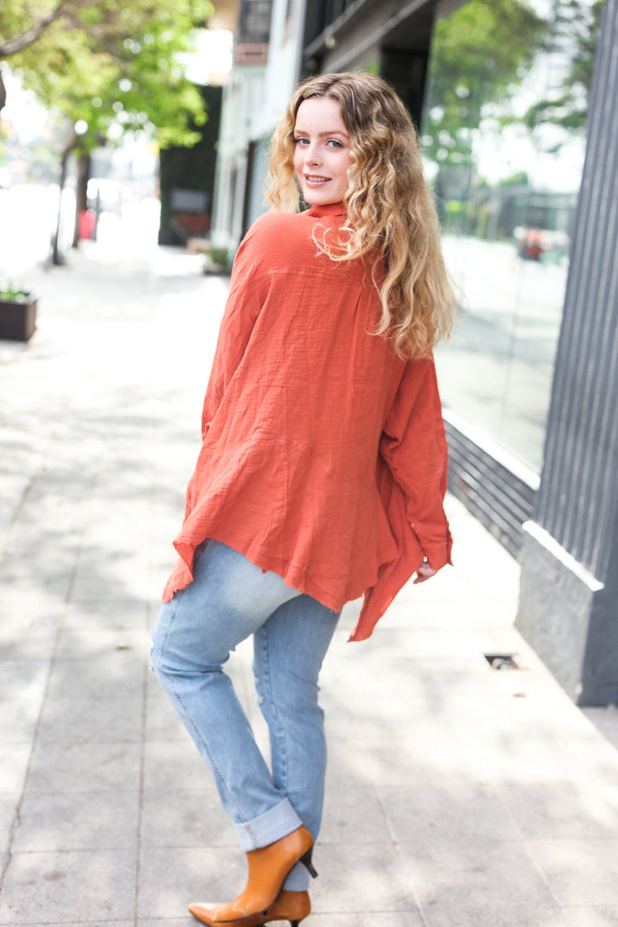 Everyday Rust Button Down Sharkbite Cotton Tunic Top-Timber Brooke Boutique, Online Women's Fashion Boutique in Amarillo, Texas