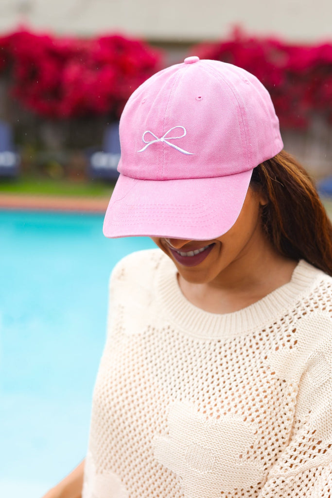 Pink Embroidered Bow Baseball Cap-Timber Brooke Boutique, Online Women's Fashion Boutique in Amarillo, Texas