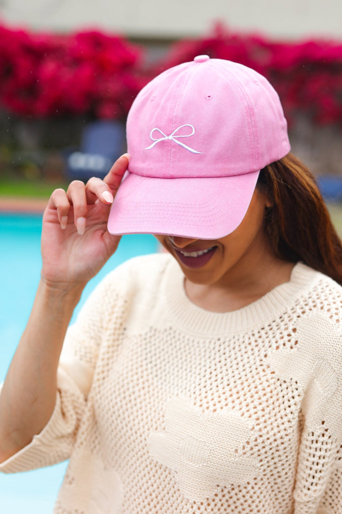 Pink Embroidered Bow Baseball Cap-Timber Brooke Boutique, Online Women's Fashion Boutique in Amarillo, Texas