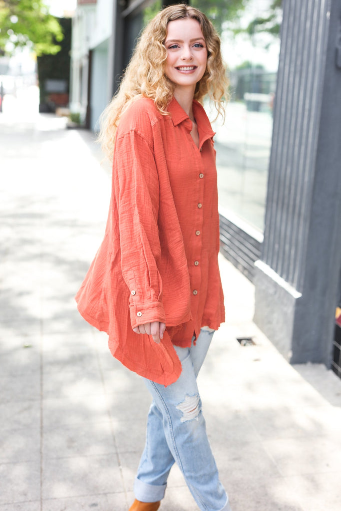 Everyday Rust Button Down Sharkbite Cotton Tunic Top-Timber Brooke Boutique, Online Women's Fashion Boutique in Amarillo, Texas