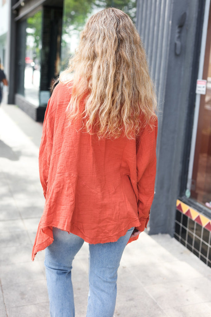 Everyday Rust Button Down Sharkbite Cotton Tunic Top-Timber Brooke Boutique, Online Women's Fashion Boutique in Amarillo, Texas