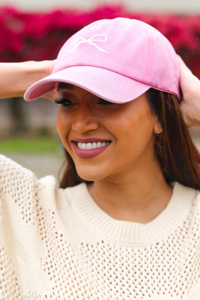 Pink Embroidered Bow Baseball Cap-Timber Brooke Boutique, Online Women's Fashion Boutique in Amarillo, Texas