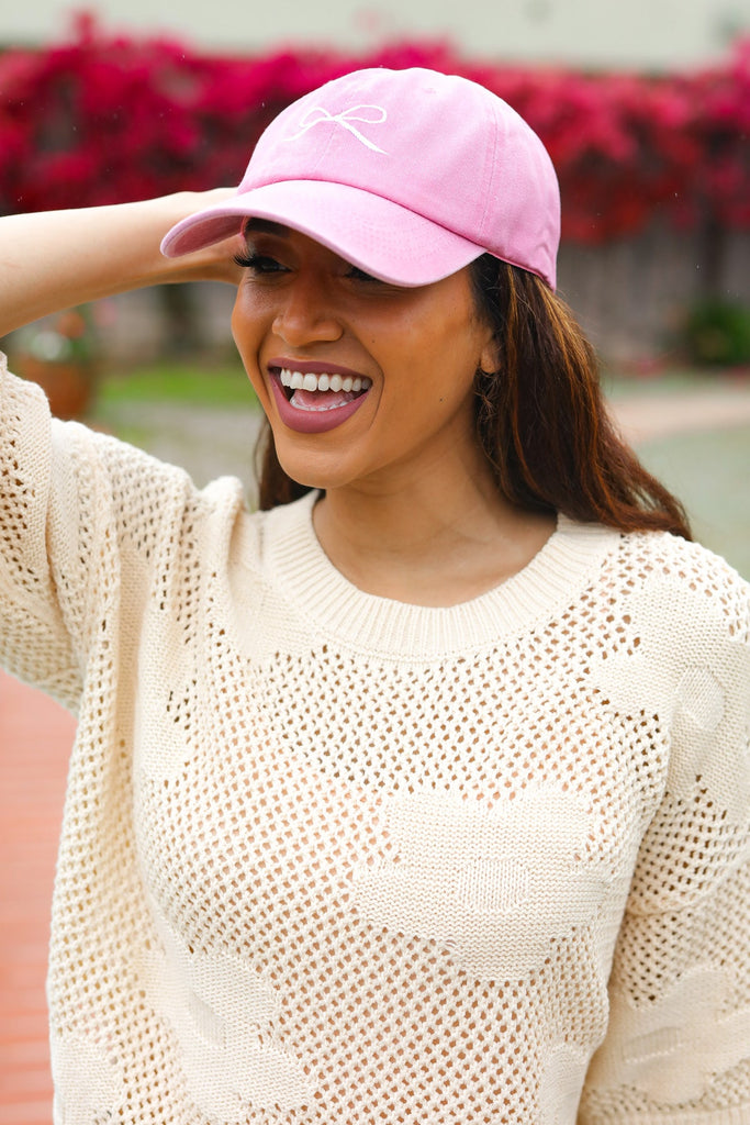 Pink Embroidered Bow Baseball Cap-Timber Brooke Boutique, Online Women's Fashion Boutique in Amarillo, Texas