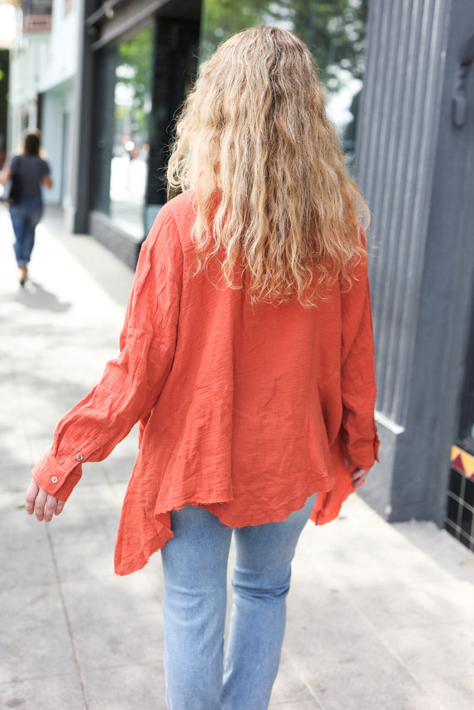 Everyday Rust Button Down Sharkbite Cotton Tunic Top-Timber Brooke Boutique, Online Women's Fashion Boutique in Amarillo, Texas