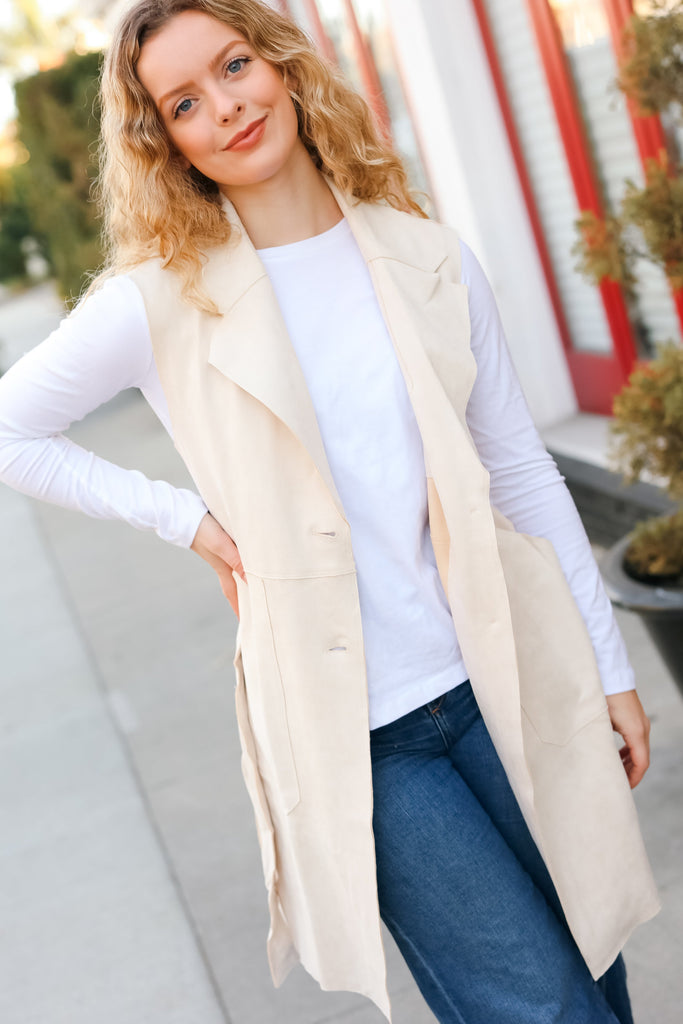 Back In Town Cream Faux Suede Trench Coat Vest-Timber Brooke Boutique, Online Women's Fashion Boutique in Amarillo, Texas