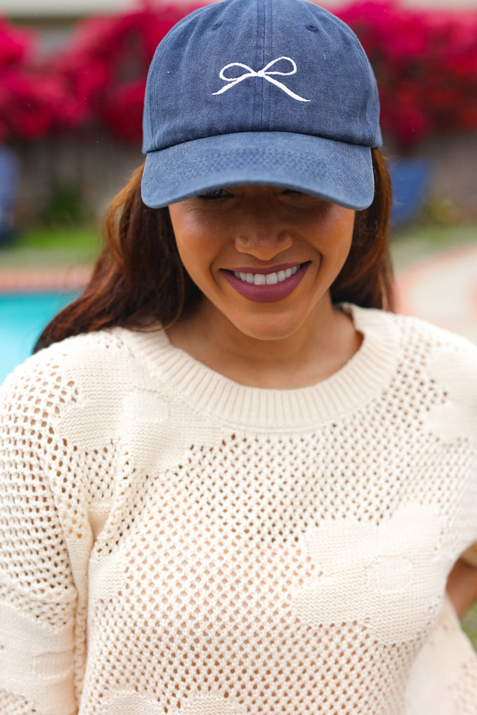 Navy Embroidered Bow Baseball Cap-Timber Brooke Boutique, Online Women's Fashion Boutique in Amarillo, Texas