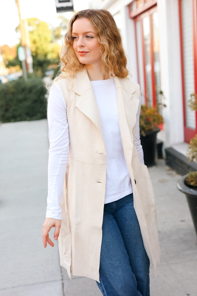 Back In Town Cream Faux Suede Trench Coat Vest-Timber Brooke Boutique, Online Women's Fashion Boutique in Amarillo, Texas