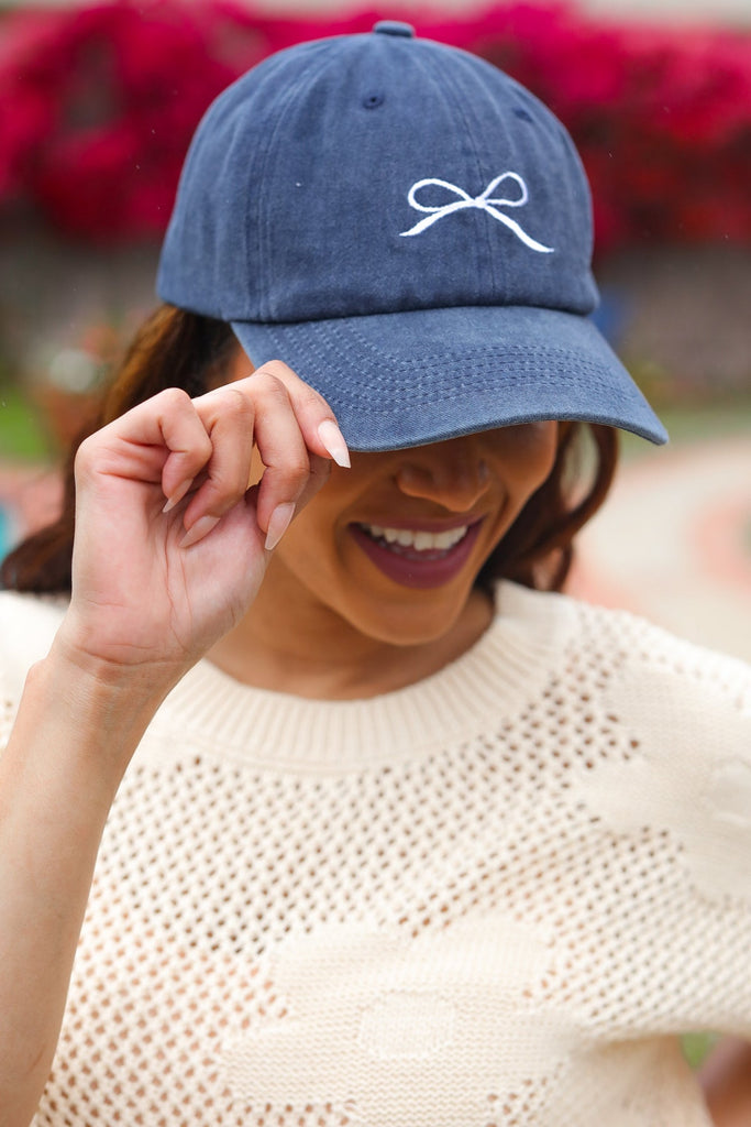 Navy Embroidered Bow Baseball Cap-Timber Brooke Boutique, Online Women's Fashion Boutique in Amarillo, Texas