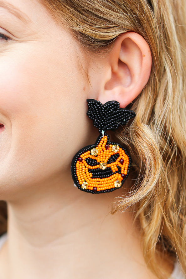 Halloween Jack-o-Lantern Beaded Dangle Earrings-Timber Brooke Boutique, Online Women's Fashion Boutique in Amarillo, Texas