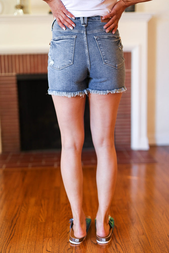 Judy Blue Medium Blue High Rise Buttonfly Frayed Hem Shorts-Denim Shorts-Timber Brooke Boutique, Online Women's Fashion Boutique in Amarillo, Texas