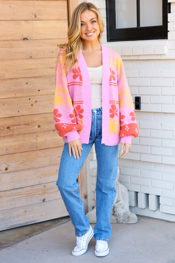 Flower Power Lavender Floral Stripe Knit Open Cardigan-Timber Brooke Boutique, Online Women's Fashion Boutique in Amarillo, Texas