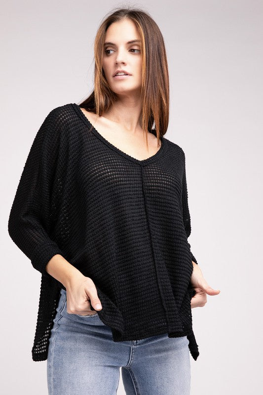 3/4 Sleeve V-Neck Hi-Low Hem Jacquard Sweater-Timber Brooke Boutique, Online Women's Fashion Boutique in Amarillo, Texas