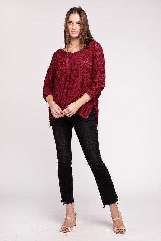 3/4 Sleeve V-Neck Hi-Low Hem Jacquard Sweater-Timber Brooke Boutique, Online Women's Fashion Boutique in Amarillo, Texas