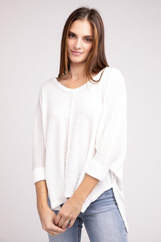 3/4 Sleeve V-Neck Hi-Low Hem Jacquard Sweater-Timber Brooke Boutique, Online Women's Fashion Boutique in Amarillo, Texas