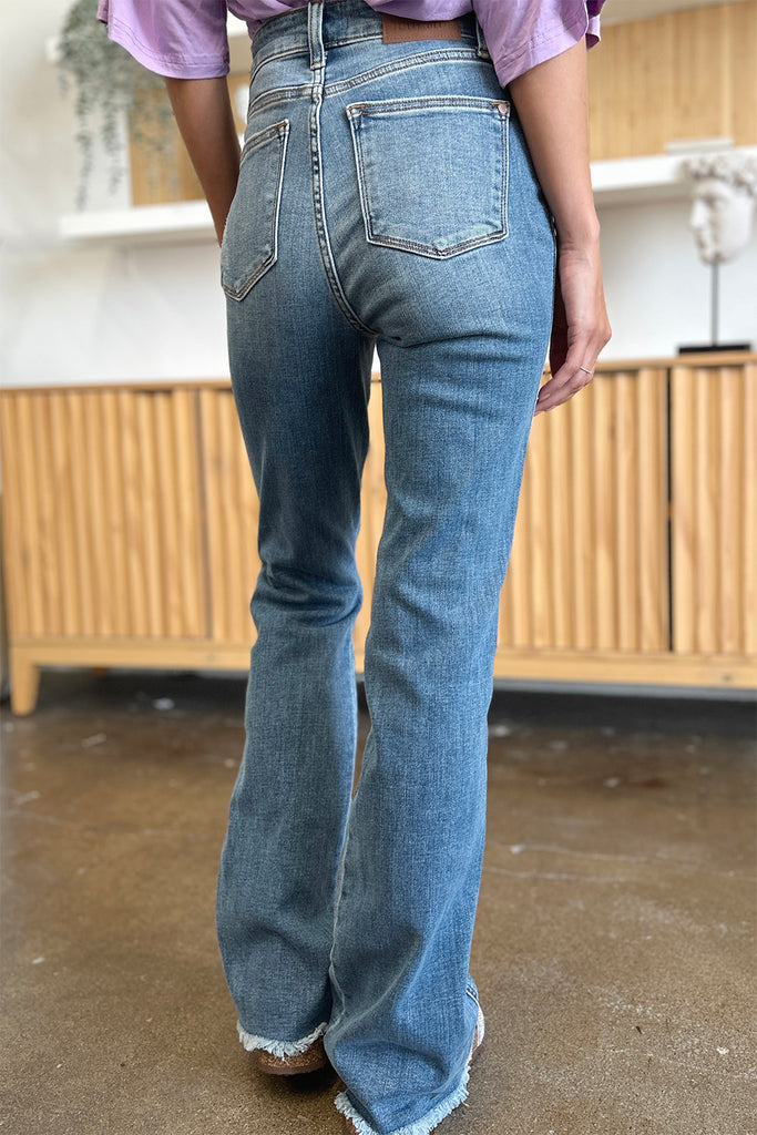 Judy Blue Full Size Distressed Raw Hem Bootcut Jeans-Timber Brooke Boutique, Online Women's Fashion Boutique in Amarillo, Texas