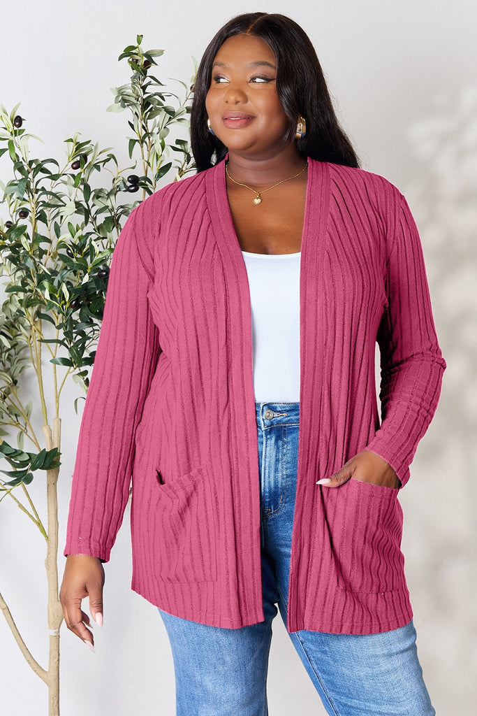 Basic Bae Full Size Ribbed Open Front Cardigan with Pockets-Timber Brooke Boutique, Online Women's Fashion Boutique in Amarillo, Texas