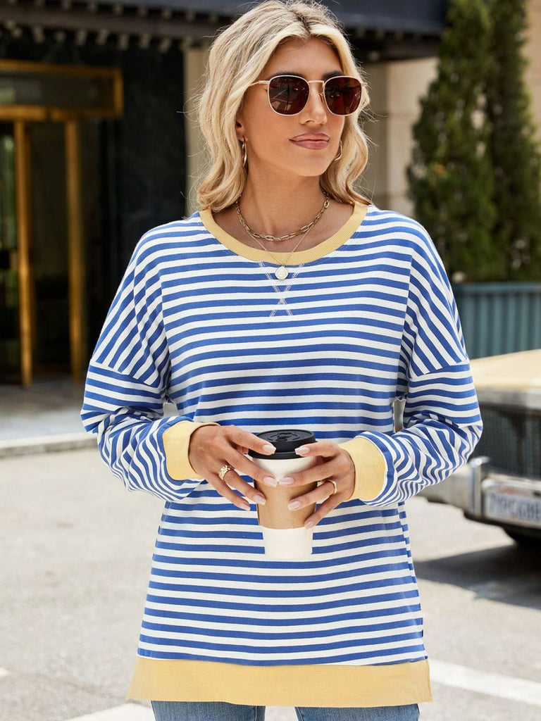 Slit Striped Round Neck Long Sleeve Sweatshirt-Timber Brooke Boutique, Online Women's Fashion Boutique in Amarillo, Texas